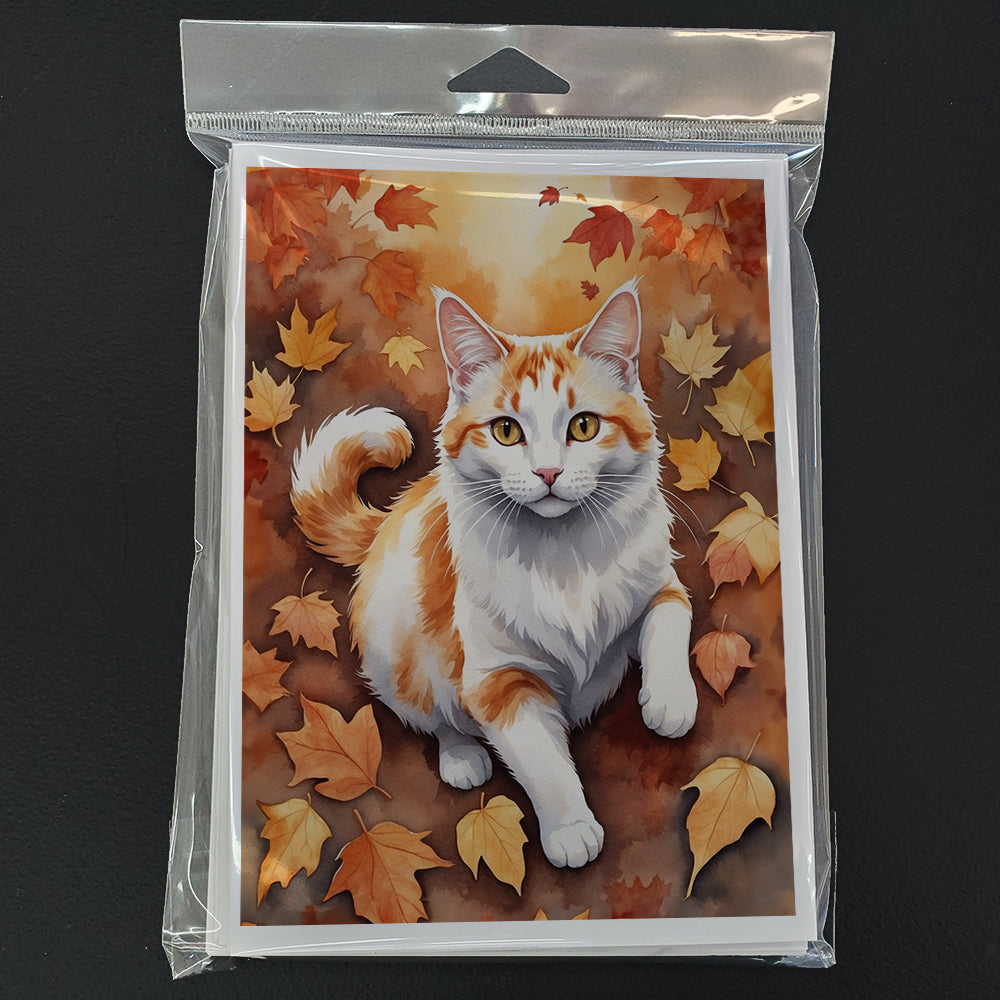 Turkish Van Cat in Fall Leaves Greeting Cards Pack of 8