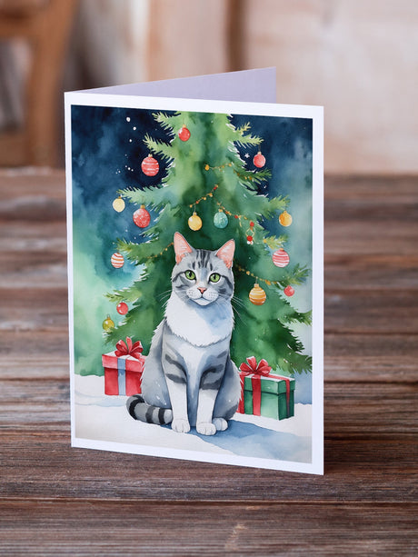 Aegean Cat By the Christmas Tree Greeting Cards Pack of 8