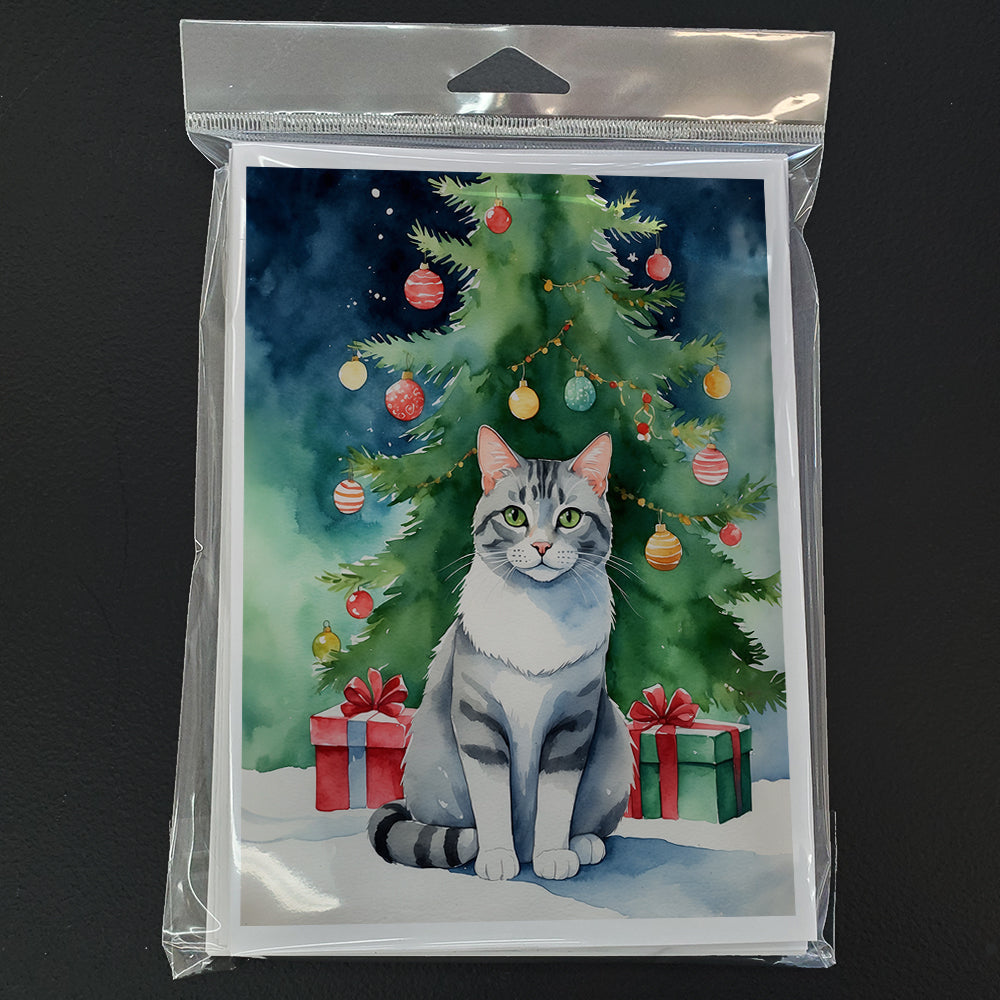 Aegean Cat By the Christmas Tree Greeting Cards Pack of 8