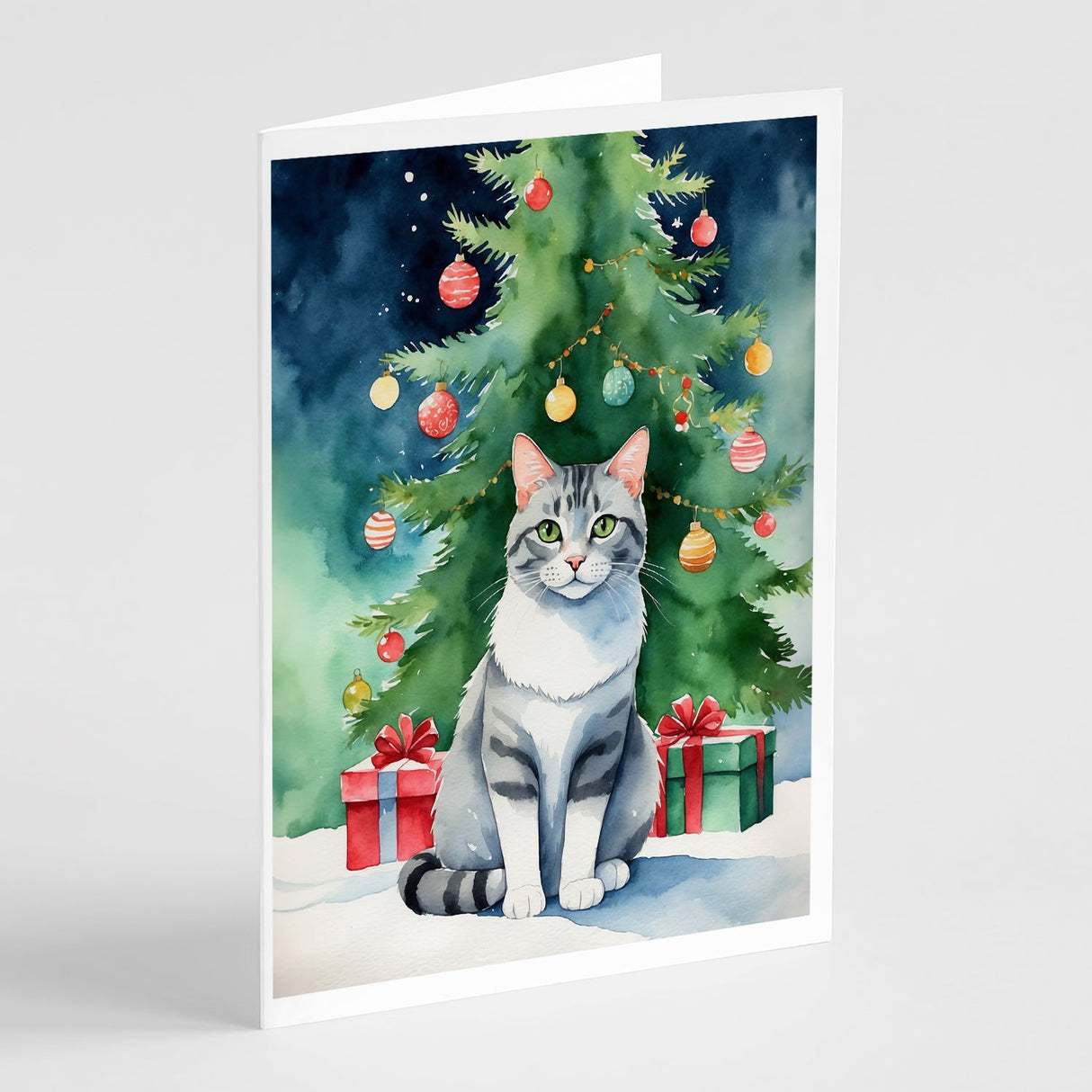 Aegean Cat By the Christmas Tree Greeting Cards Pack of 8