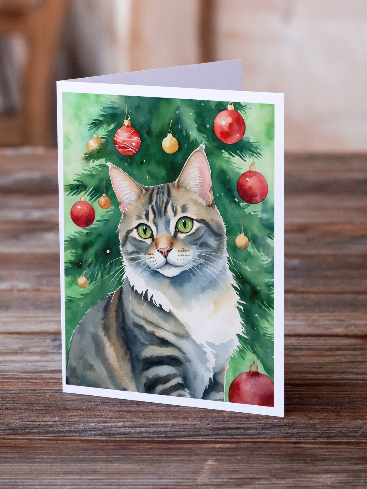 American Bobtail Cat By the Christmas Tree Greeting Cards Pack of 8