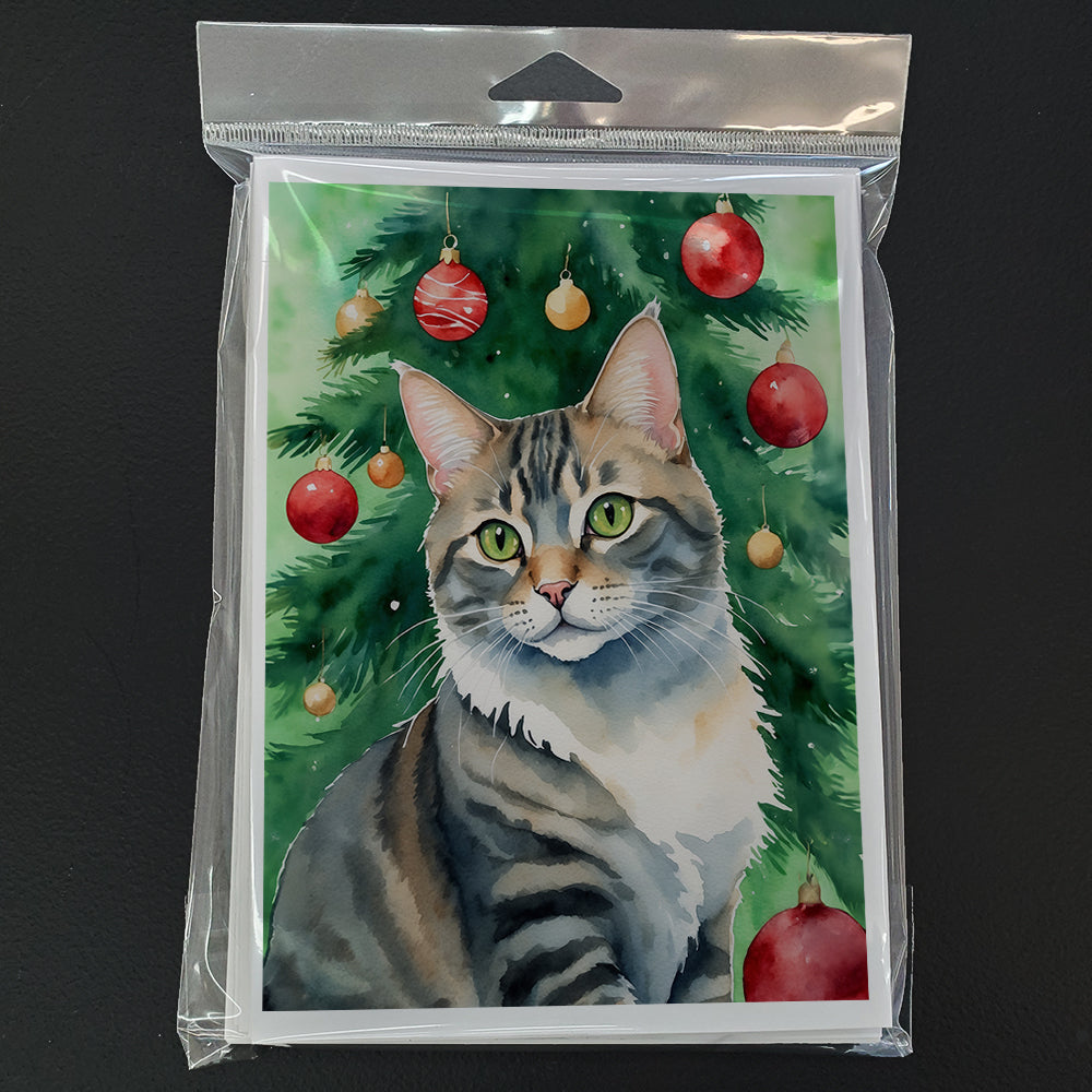 American Bobtail Cat By the Christmas Tree Greeting Cards Pack of 8