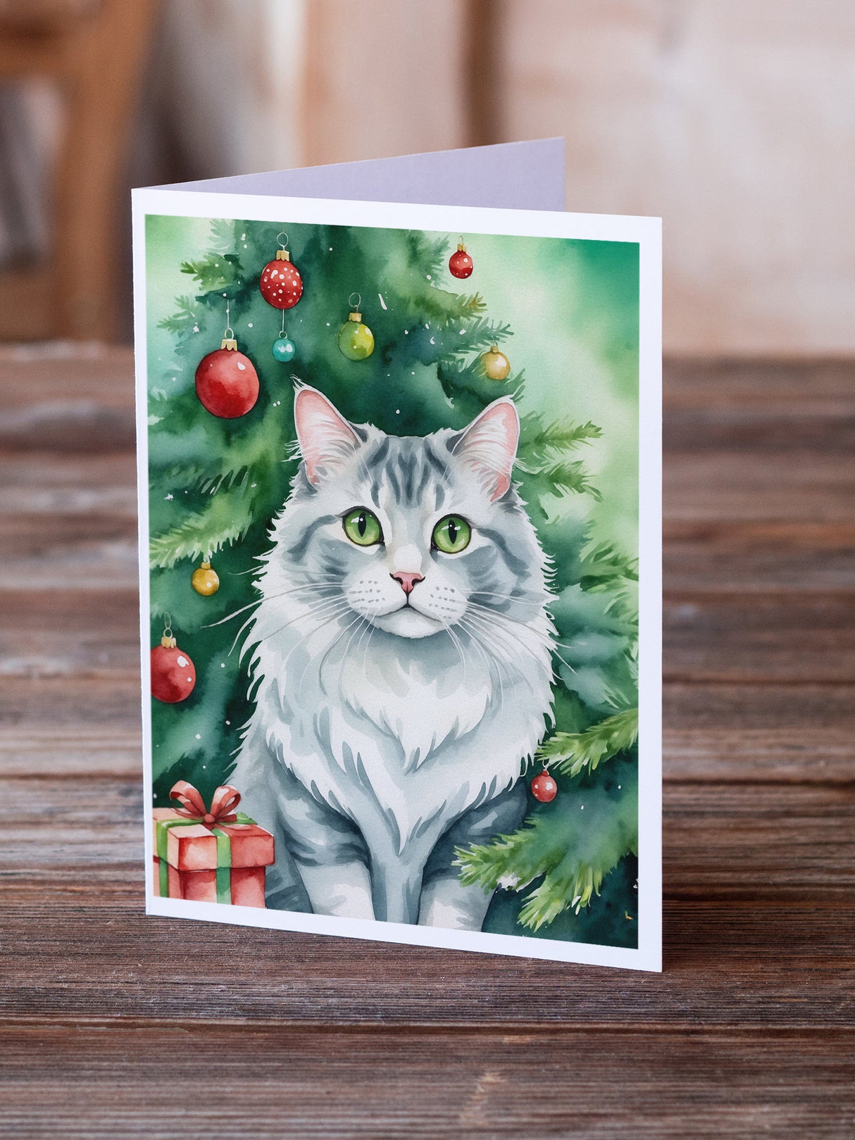 American Curl Cat By the Christmas Tree Greeting Cards Pack of 8