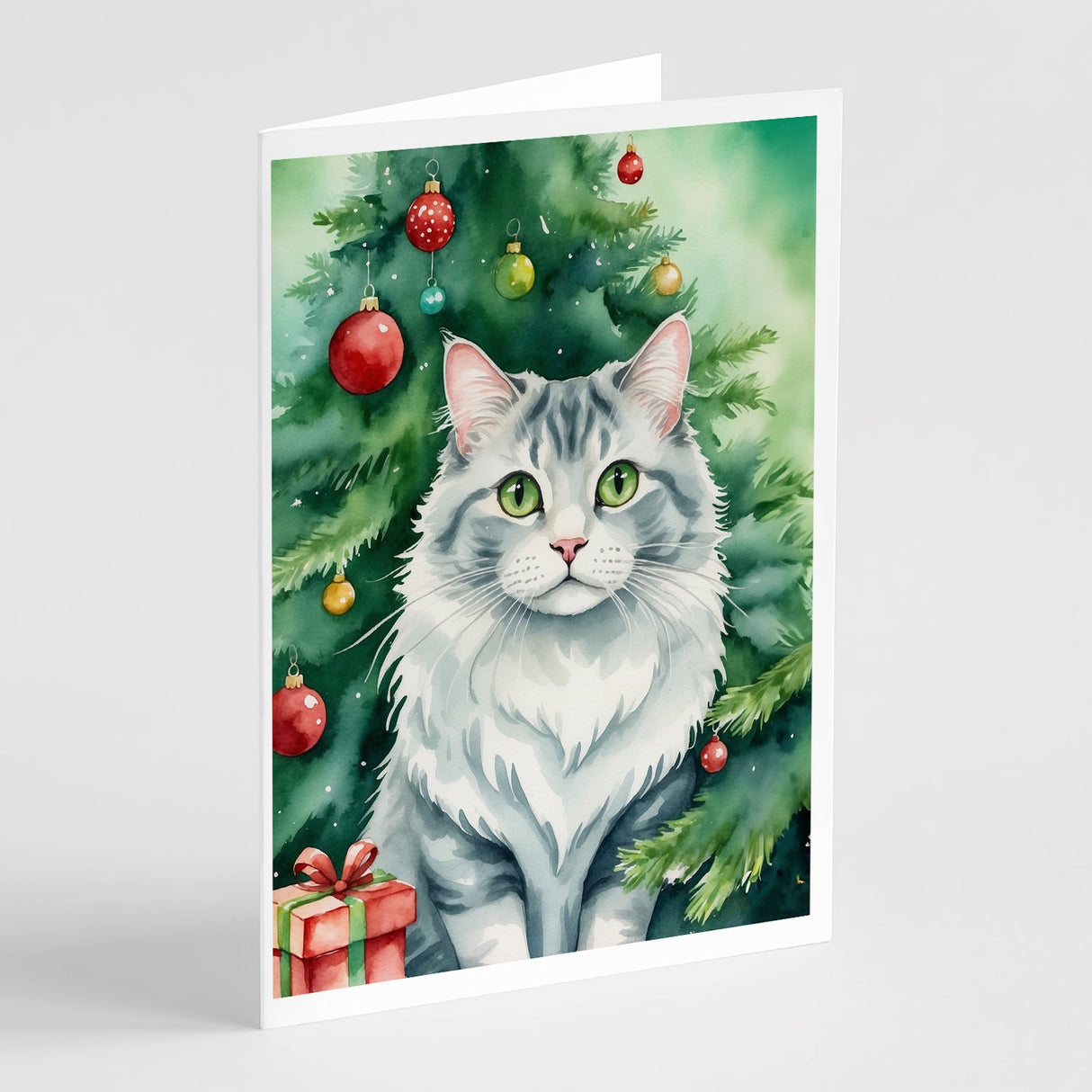 American Curl Cat By the Christmas Tree Greeting Cards Pack of 8