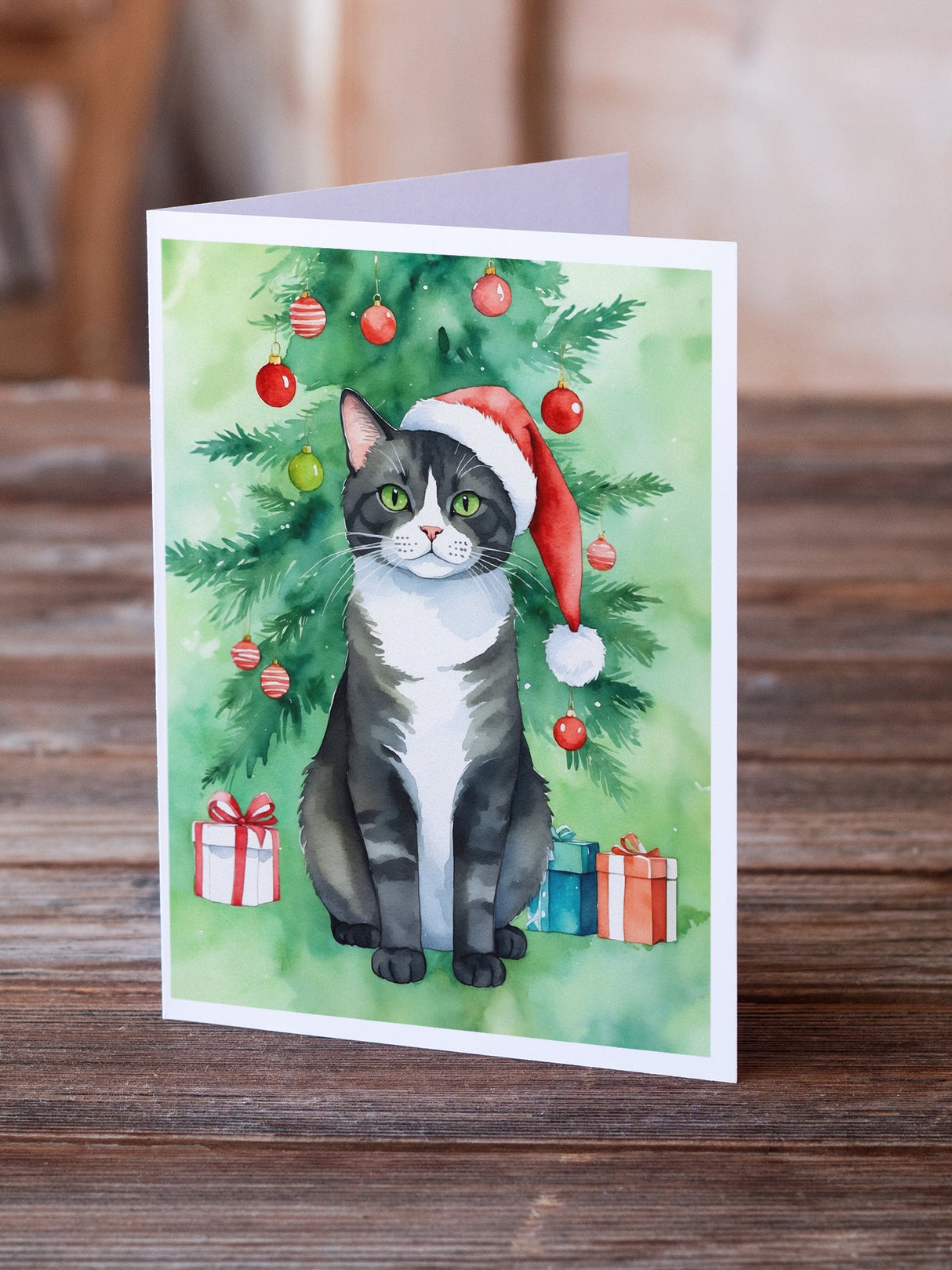 American Polydactyl Cat By the Christmas Tree Greeting Cards Pack of 8