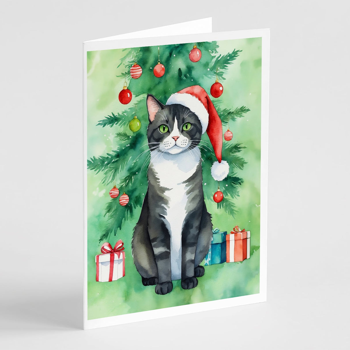 American Polydactyl Cat By the Christmas Tree Greeting Cards Pack of 8