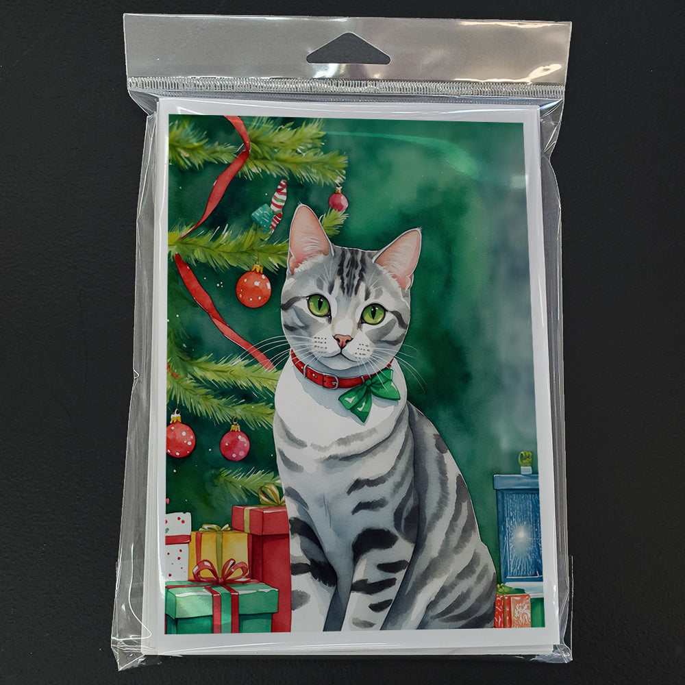 American Shorthair Cat By the Christmas Tree Greeting Cards Pack of 8