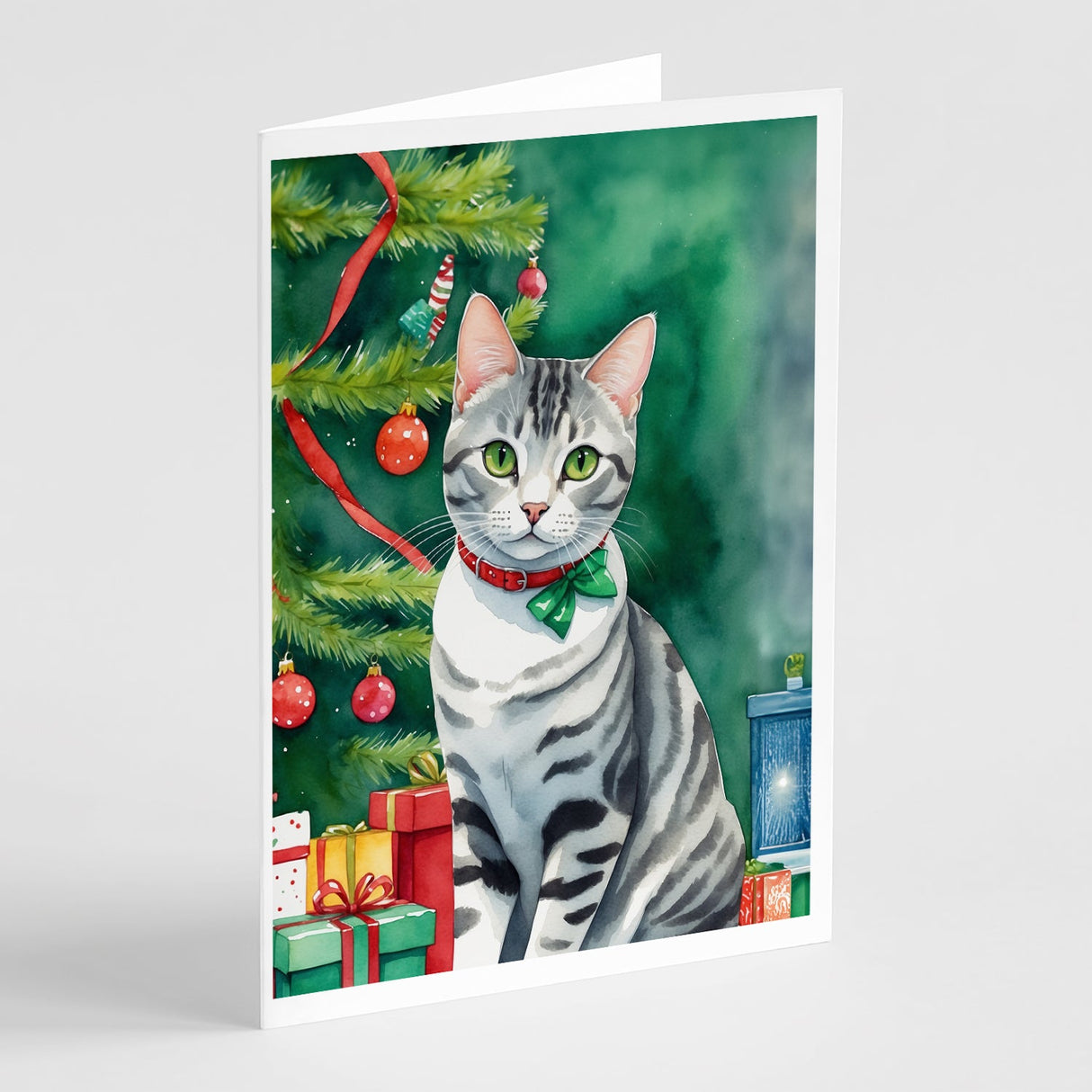 American Shorthair Cat By the Christmas Tree Greeting Cards Pack of 8