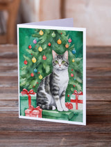 American Wirehair Cat By the Christmas Tree Greeting Cards Pack of 8