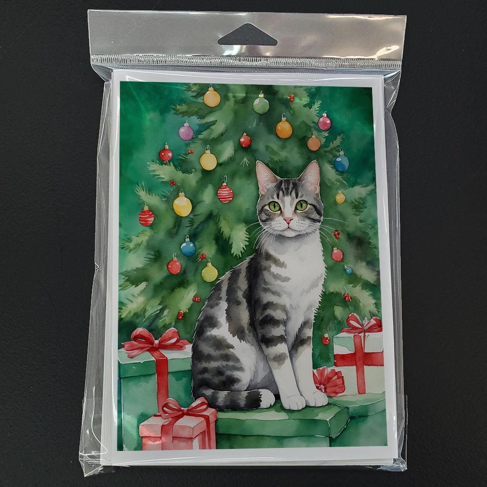 American Wirehair Cat By the Christmas Tree Greeting Cards Pack of 8