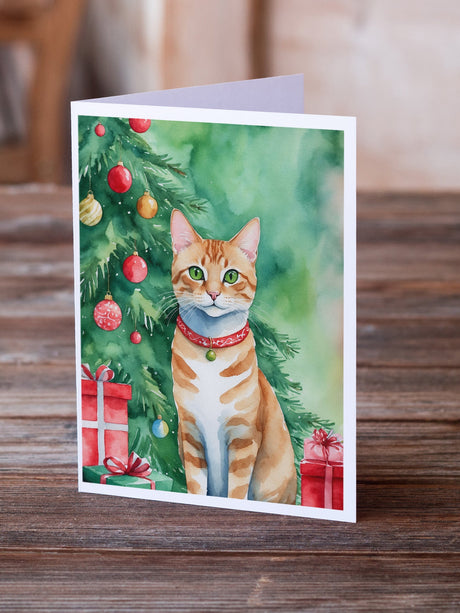 Arabian Mau Cat By the Christmas Tree Greeting Cards Pack of 8