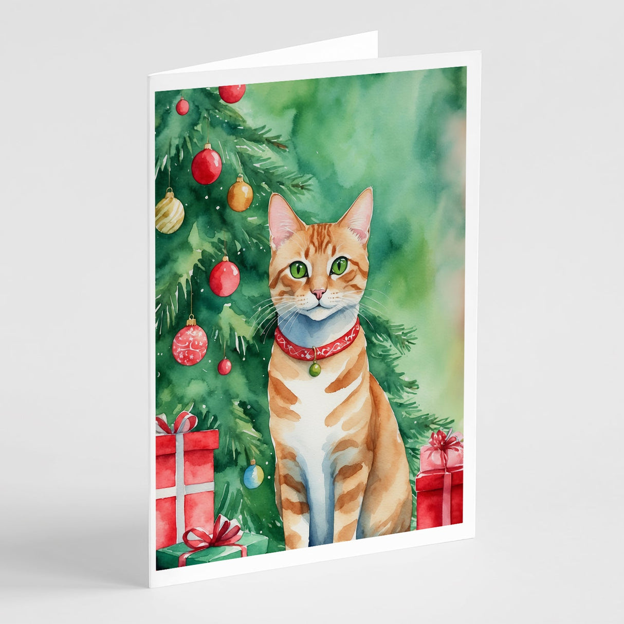 Arabian Mau Cat By the Christmas Tree Greeting Cards Pack of 8