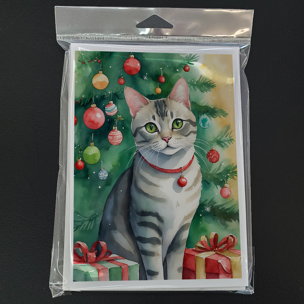 Asian Cat By the Christmas Tree Greeting Cards Pack of 8