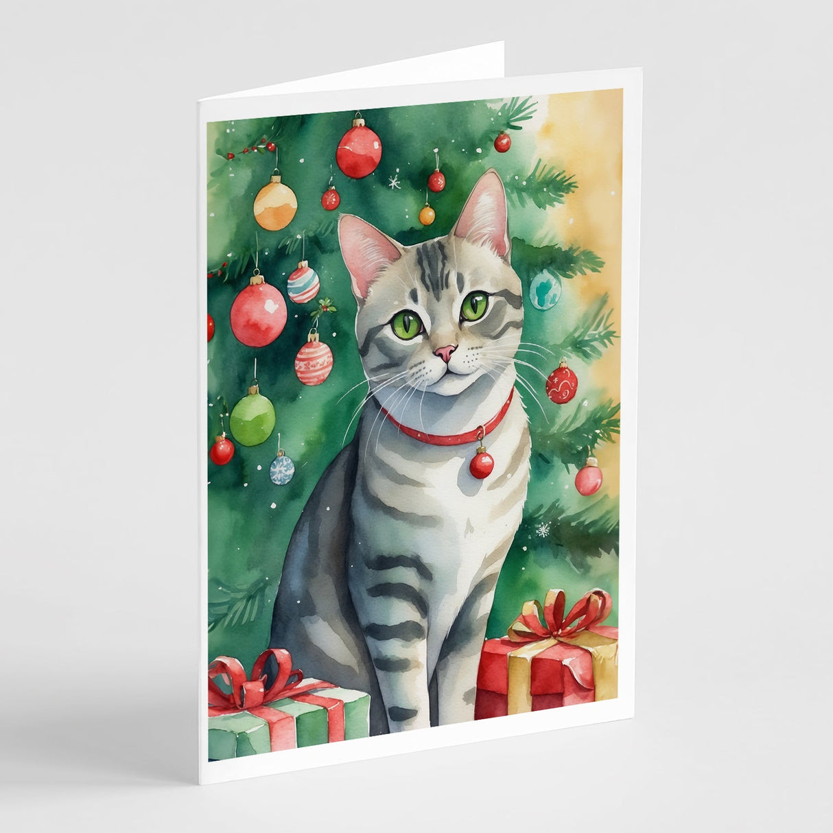 Asian Cat By the Christmas Tree Greeting Cards Pack of 8