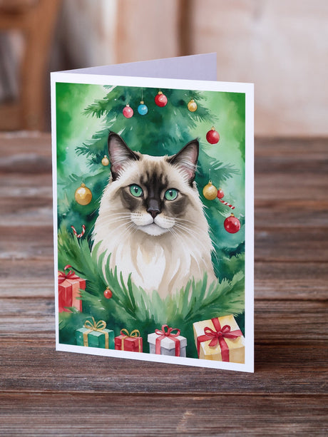 Balinese Cat By the Christmas Tree Greeting Cards Pack of 8