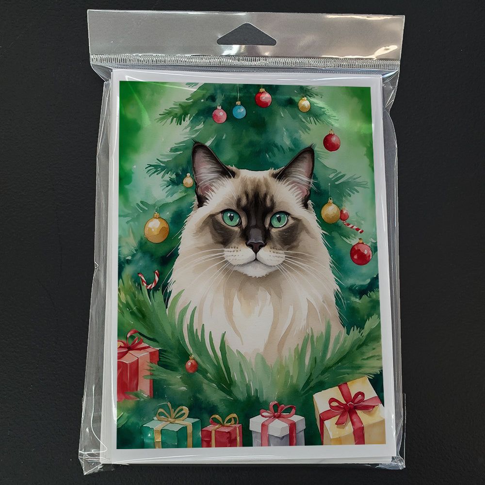 Balinese Cat By the Christmas Tree Greeting Cards Pack of 8