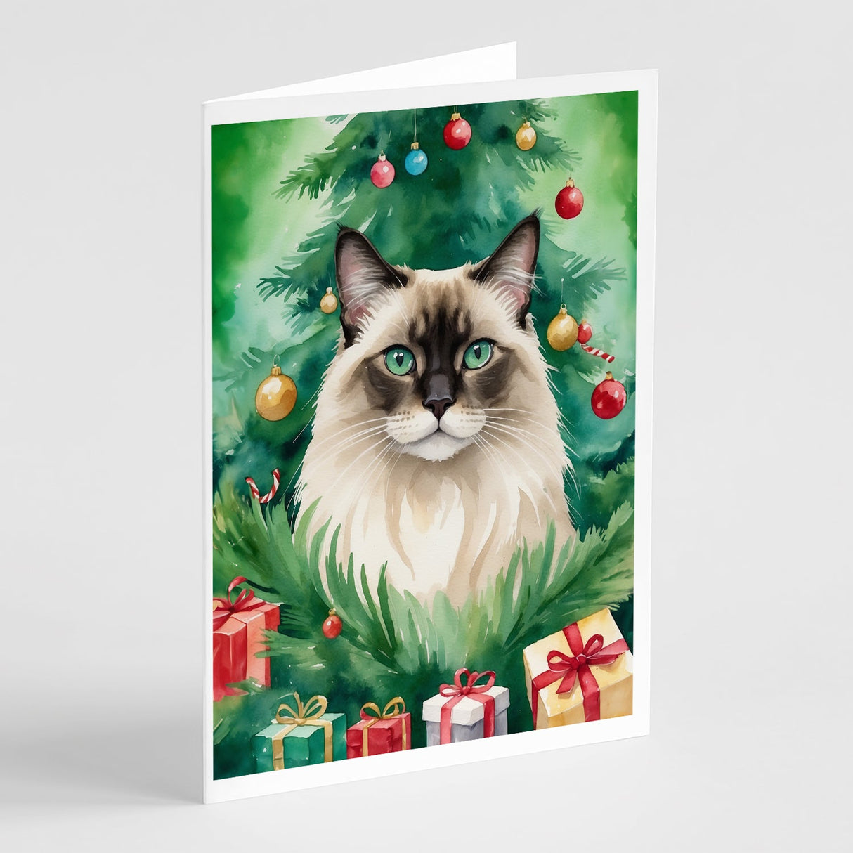 Balinese Cat By the Christmas Tree Greeting Cards Pack of 8