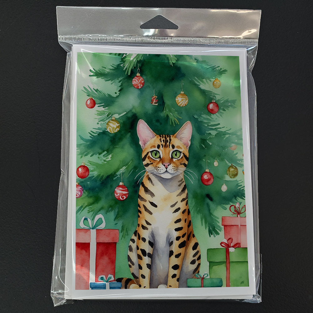 Bengal Cat By the Christmas Tree Greeting Cards Pack of 8