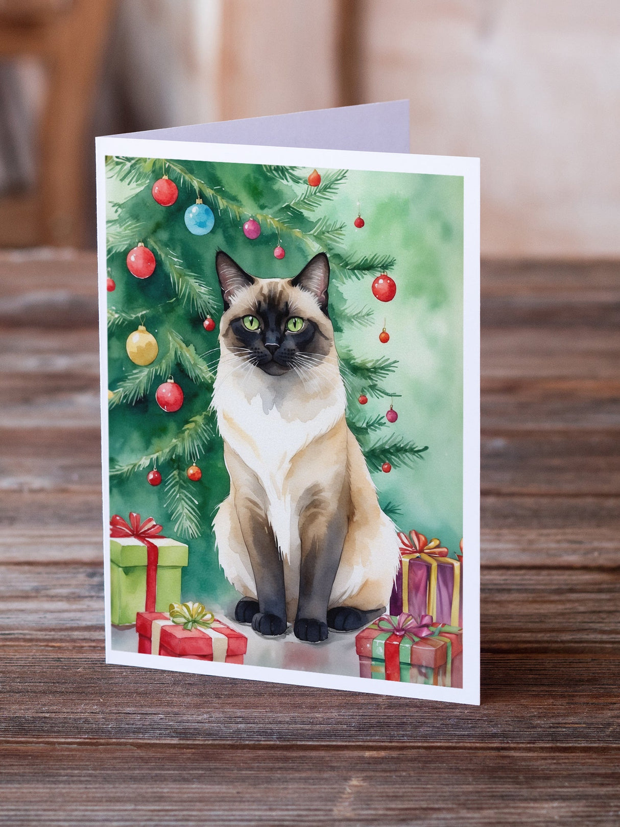 Birman Cat By the Christmas Tree Greeting Cards Pack of 8