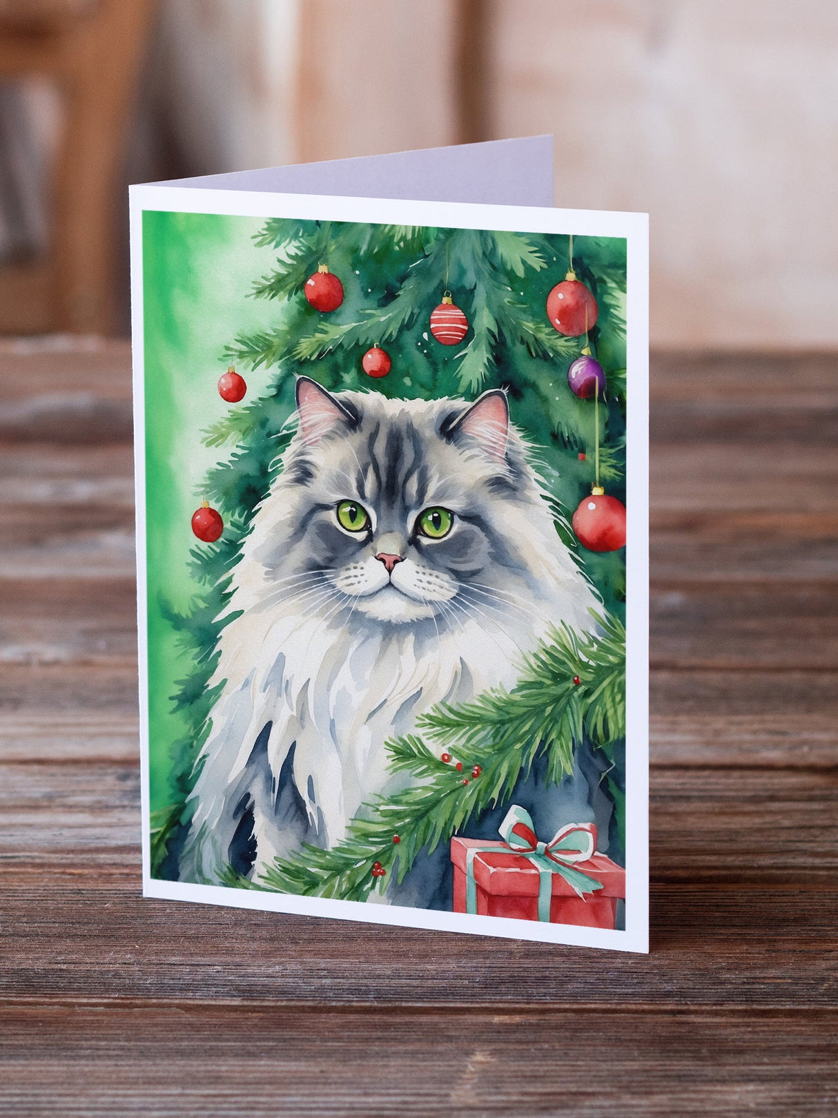 British Longhair Cat By the Christmas Tree Greeting Cards Pack of 8