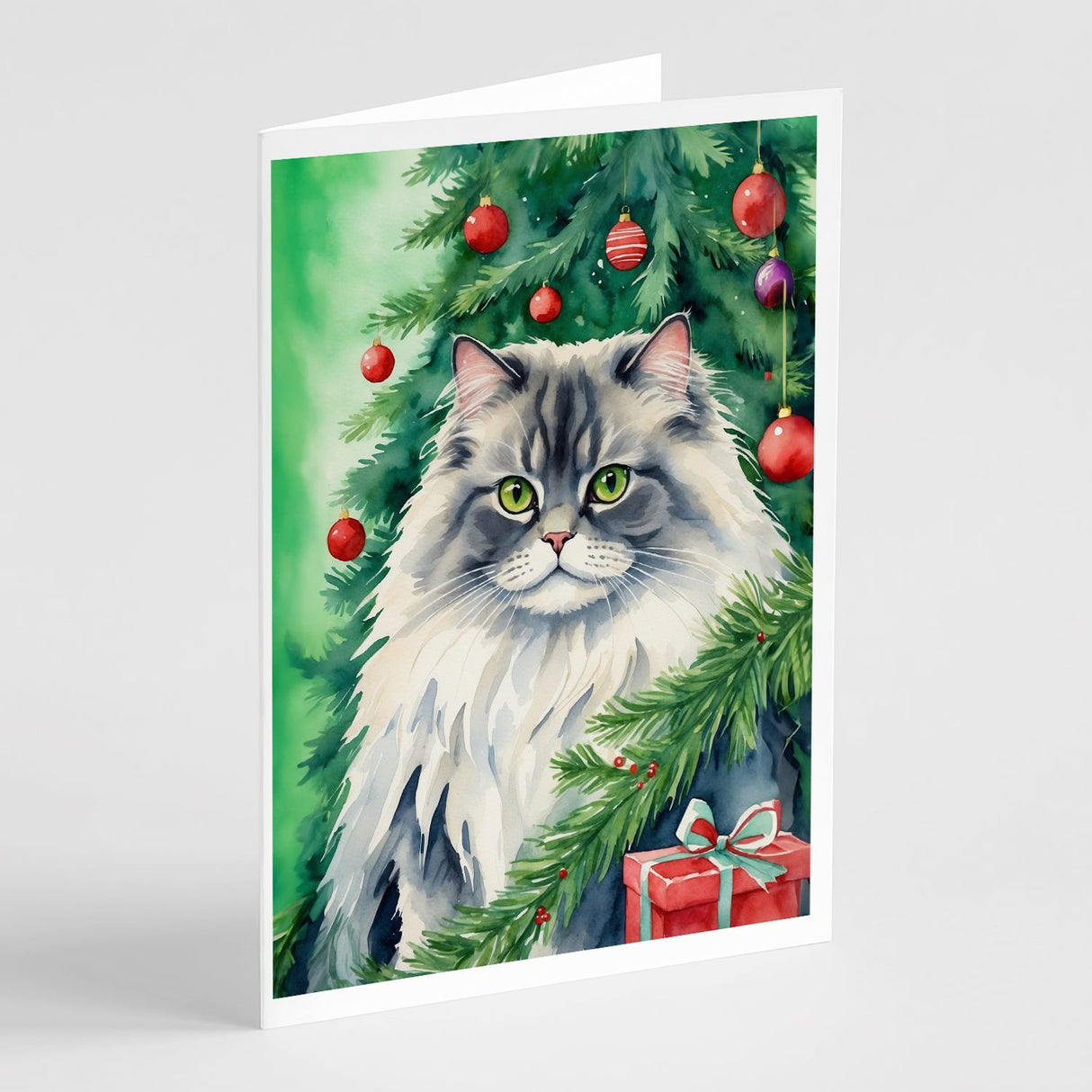 British Longhair Cat By the Christmas Tree Greeting Cards Pack of 8