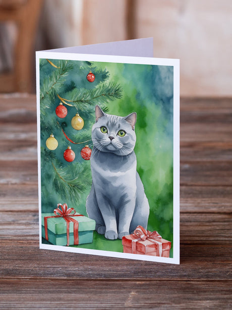 British Shorthair Cat By the Christmas Tree Greeting Cards Pack of 8