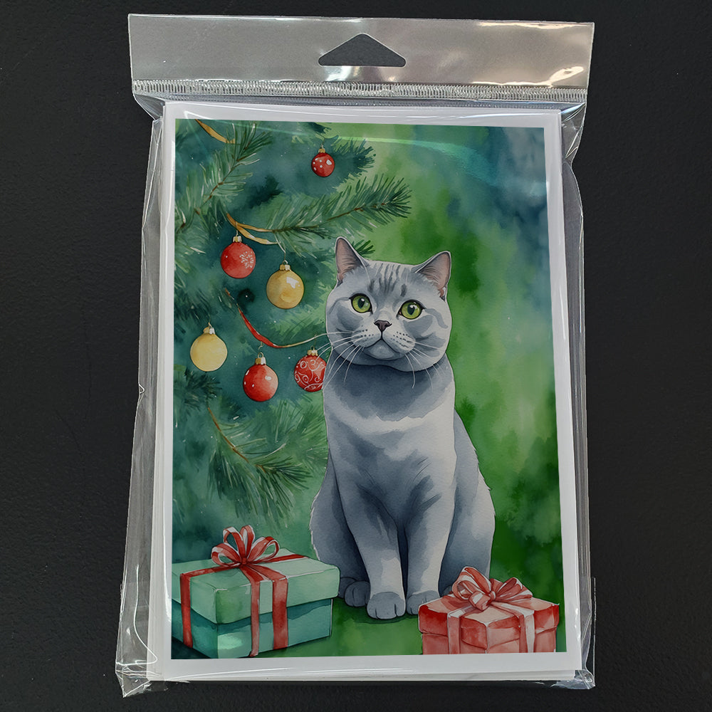 British Shorthair Cat By the Christmas Tree Greeting Cards Pack of 8