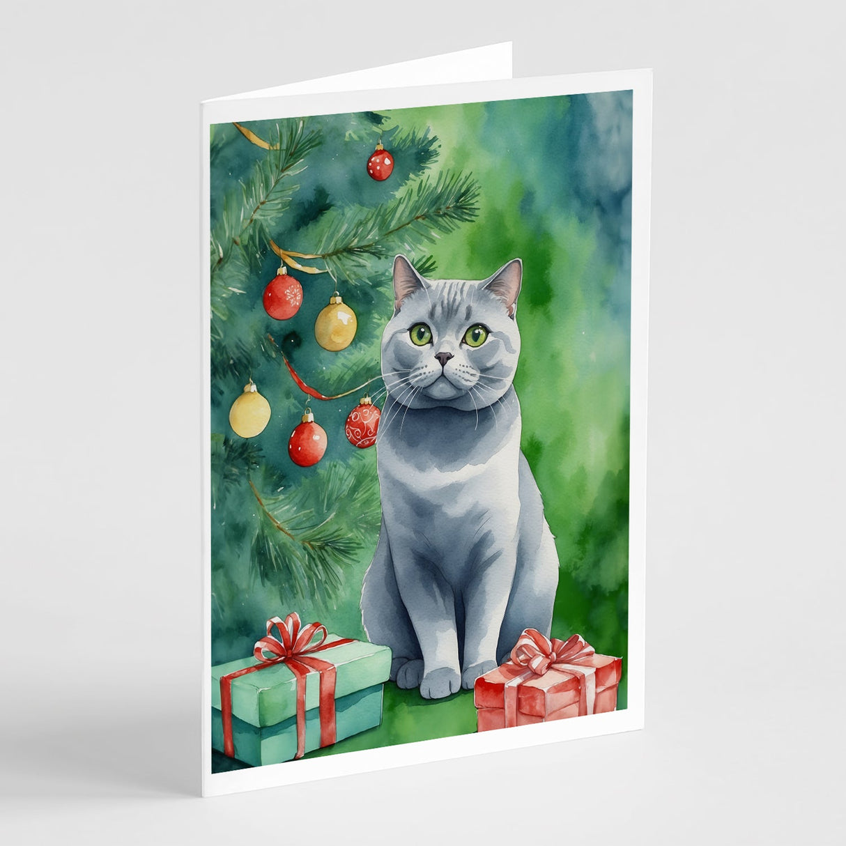 British Shorthair Cat By the Christmas Tree Greeting Cards Pack of 8