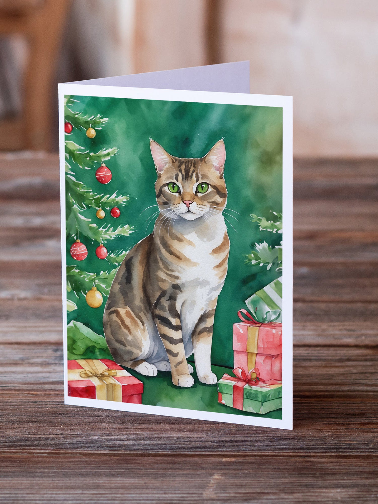 California Spangled Cat By the Christmas Tree Greeting Cards Pack of 8