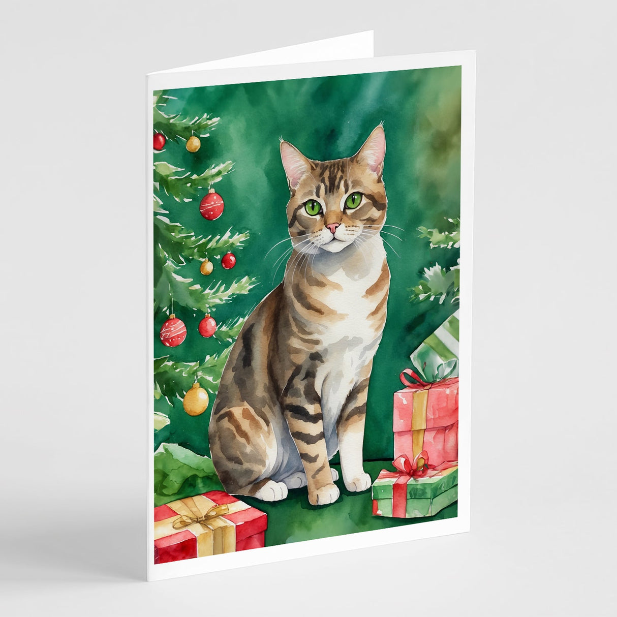 California Spangled Cat By the Christmas Tree Greeting Cards Pack of 8