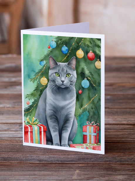 Chartreux Cat By the Christmas Tree Greeting Cards Pack of 8