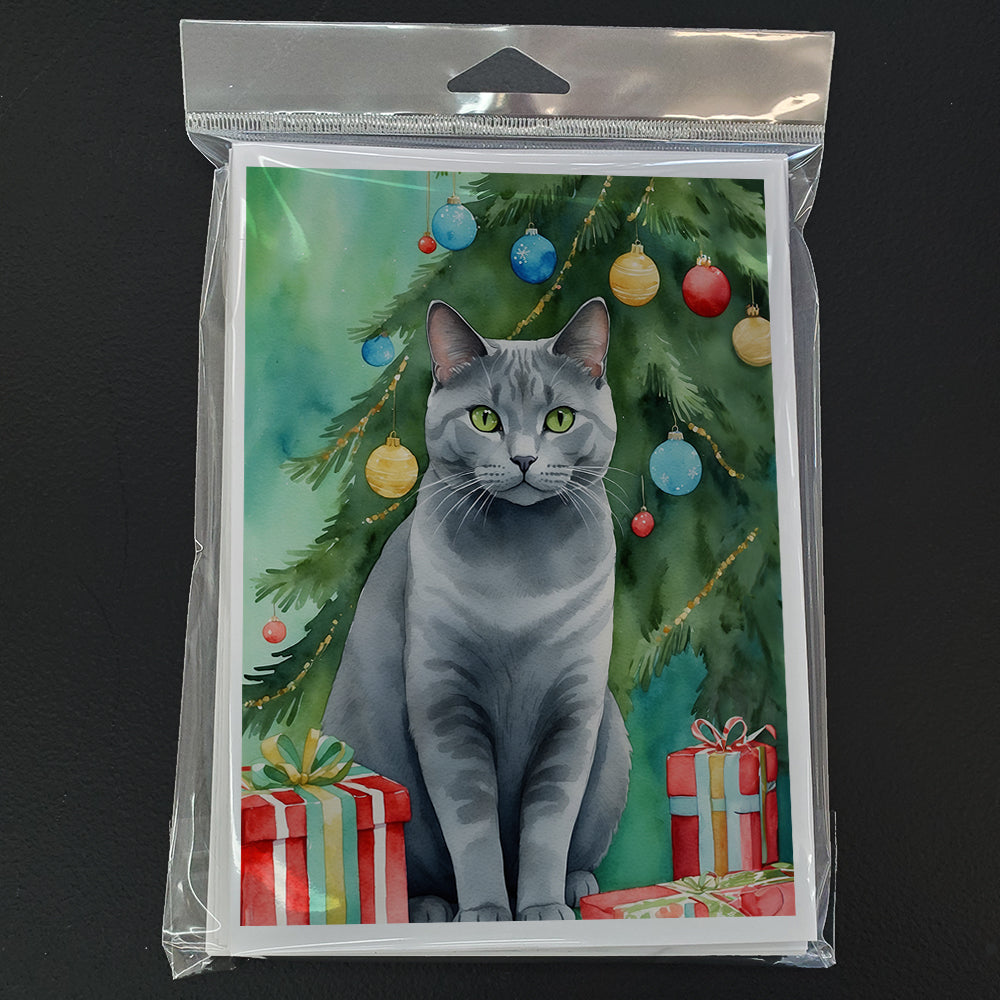 Chartreux Cat By the Christmas Tree Greeting Cards Pack of 8