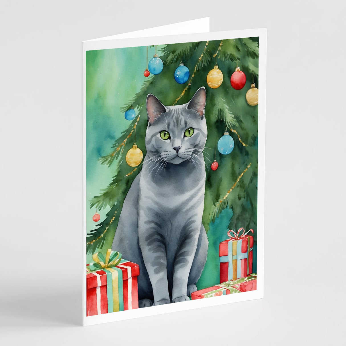 Chartreux Cat By the Christmas Tree Greeting Cards Pack of 8