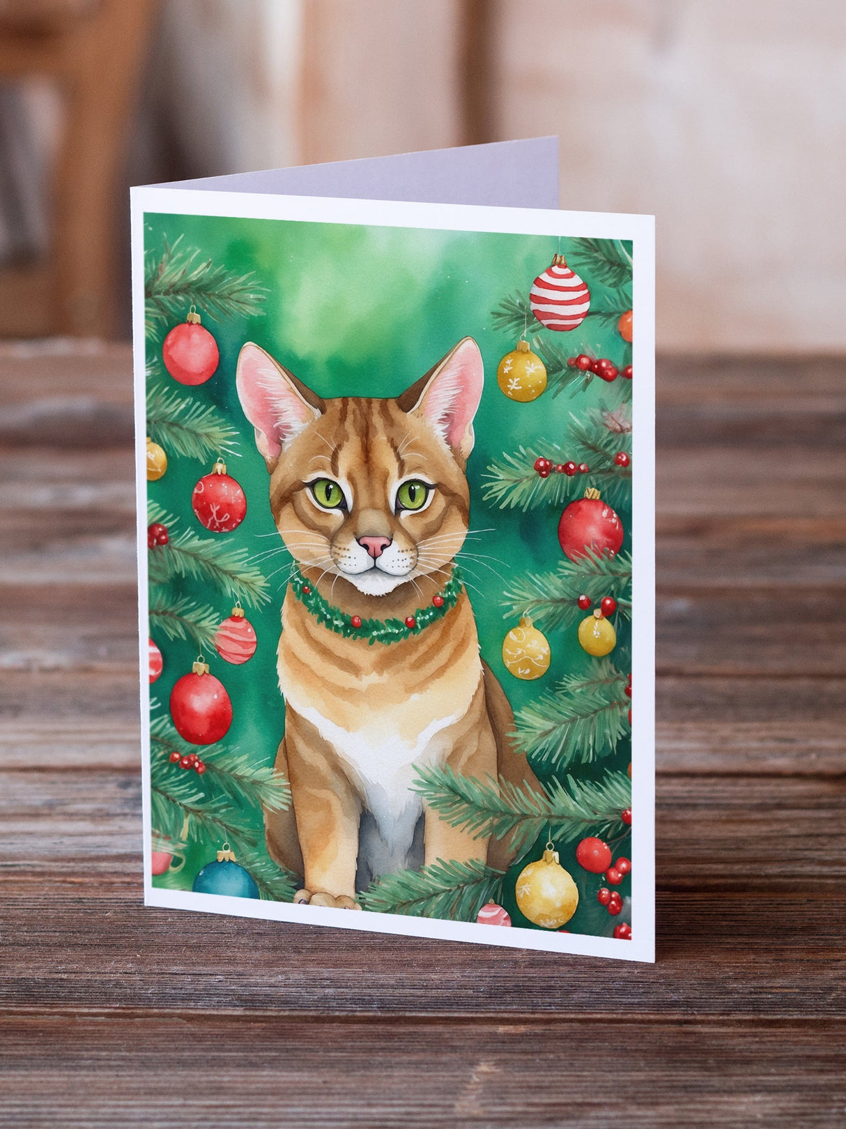 Chausie Cat By the Christmas Tree Greeting Cards Pack of 8