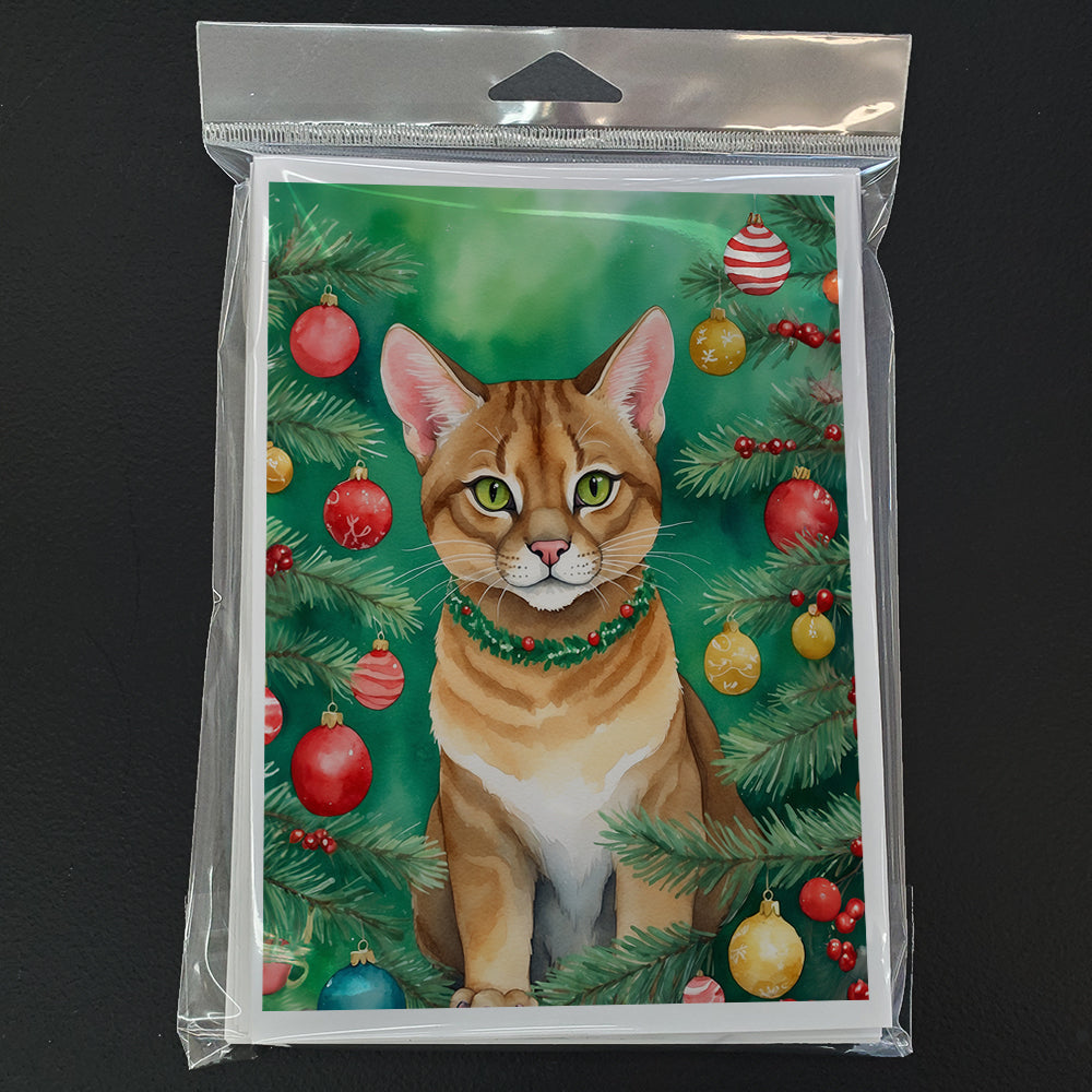 Chausie Cat By the Christmas Tree Greeting Cards Pack of 8