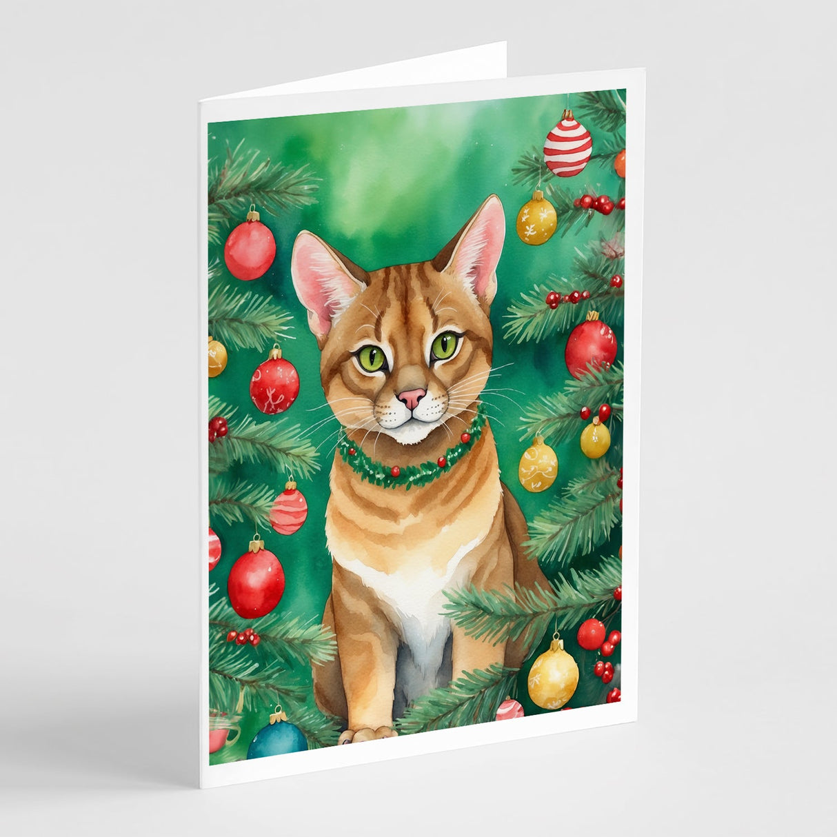 Chausie Cat By the Christmas Tree Greeting Cards Pack of 8