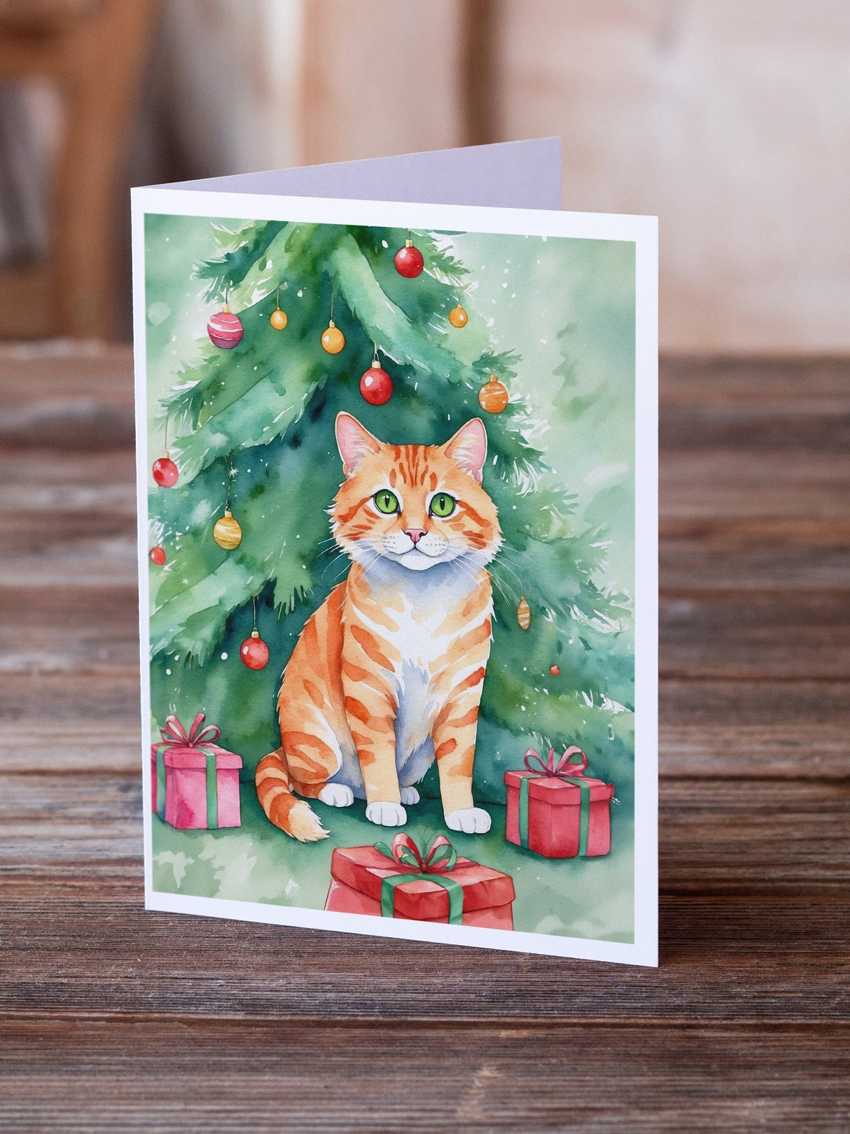 Cheetoh Cat By the Christmas Tree Greeting Cards Pack of 8