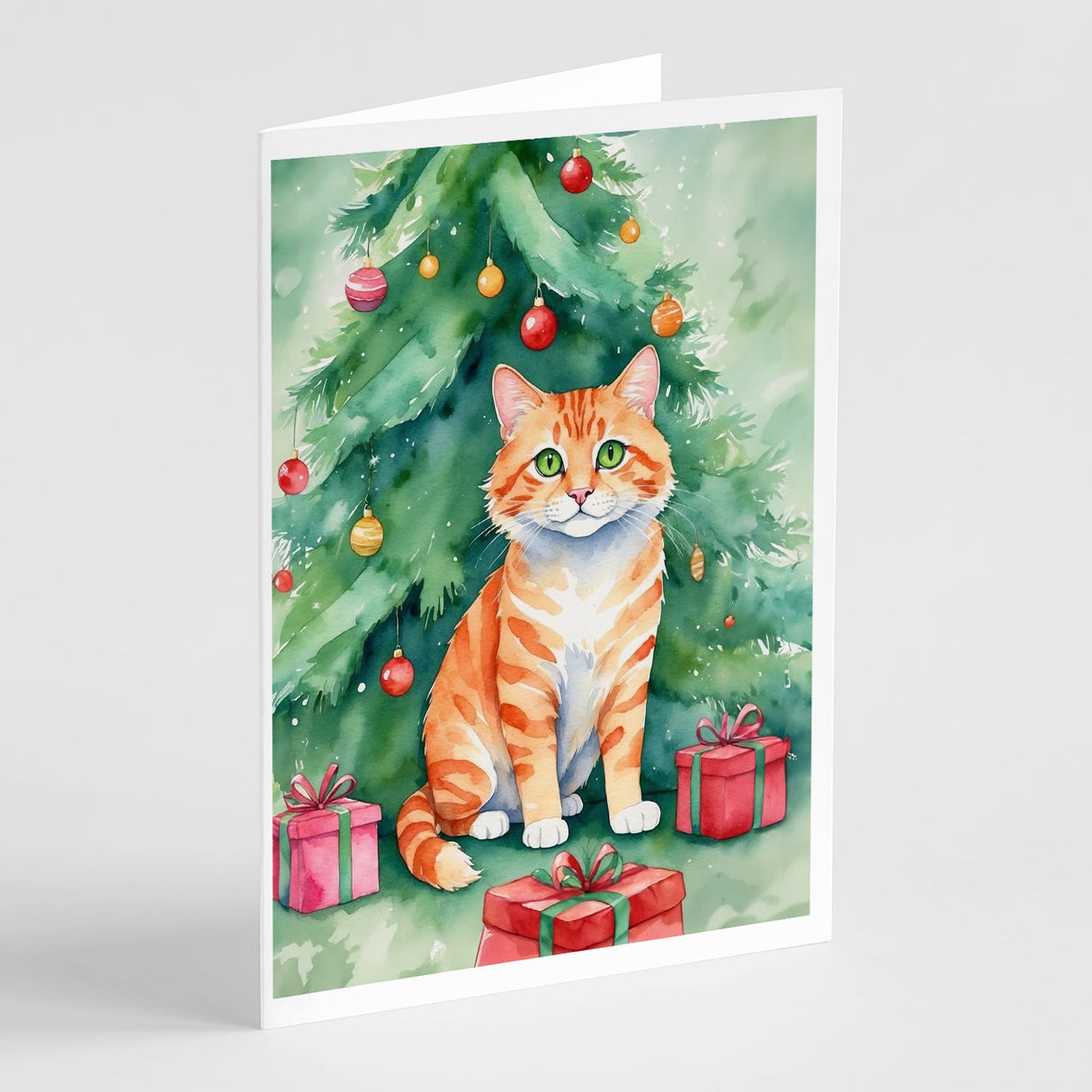 Cheetoh Cat By the Christmas Tree Greeting Cards Pack of 8