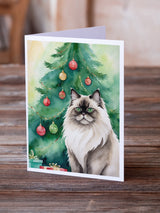 Colorpoint Longhair Cat By the Christmas Tree Greeting Cards Pack of 8