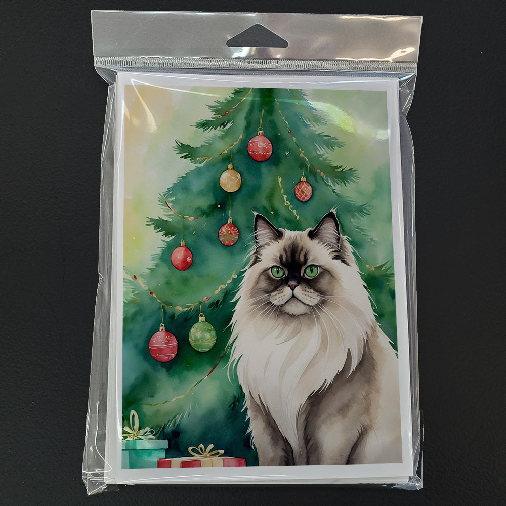 Colorpoint Longhair Cat By the Christmas Tree Greeting Cards Pack of 8