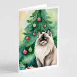 Colorpoint Longhair Cat By the Christmas Tree Greeting Cards Pack of 8