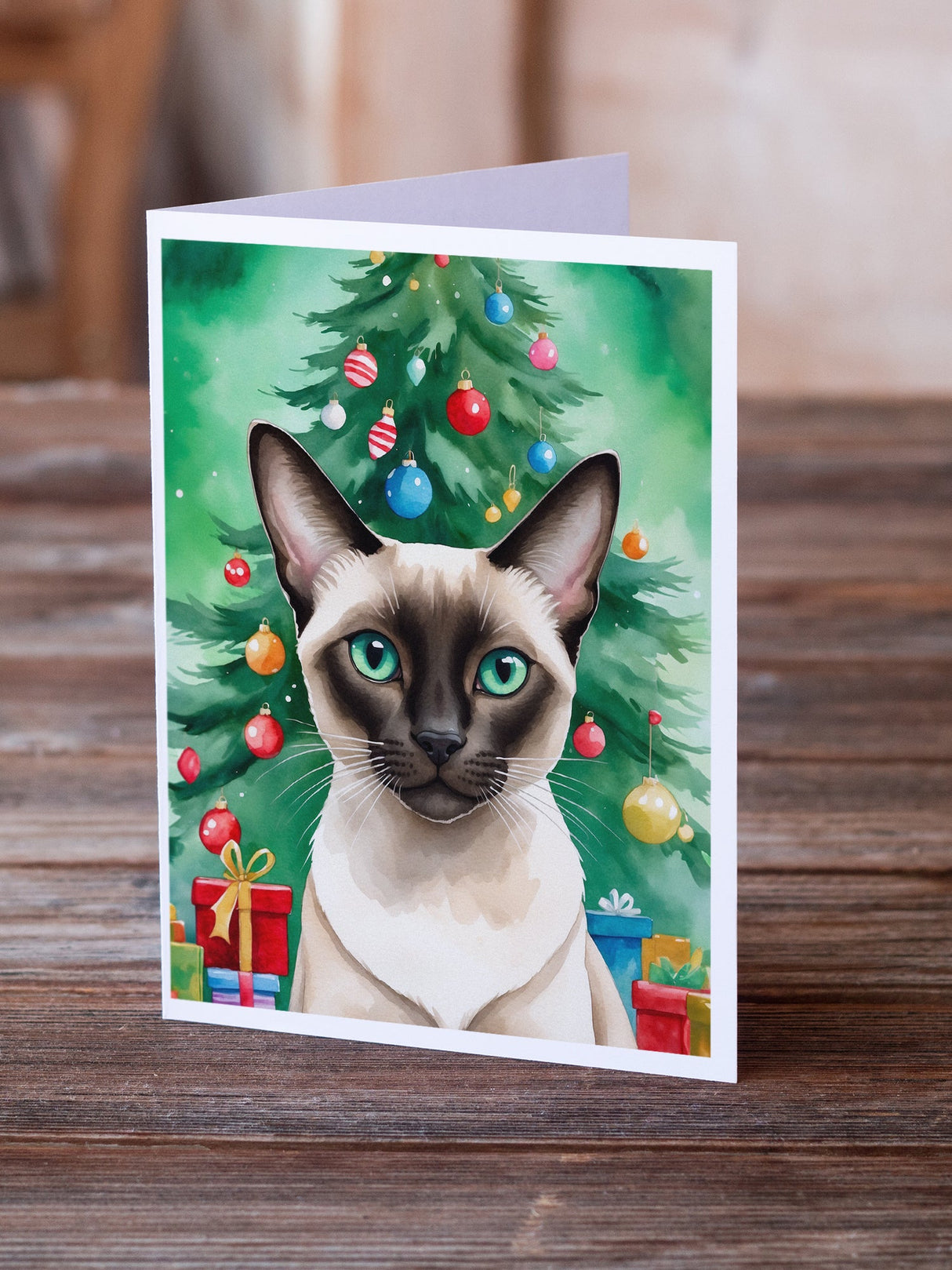 Colorpoint Shorthair Cat By the Christmas Tree Greeting Cards Pack of 8