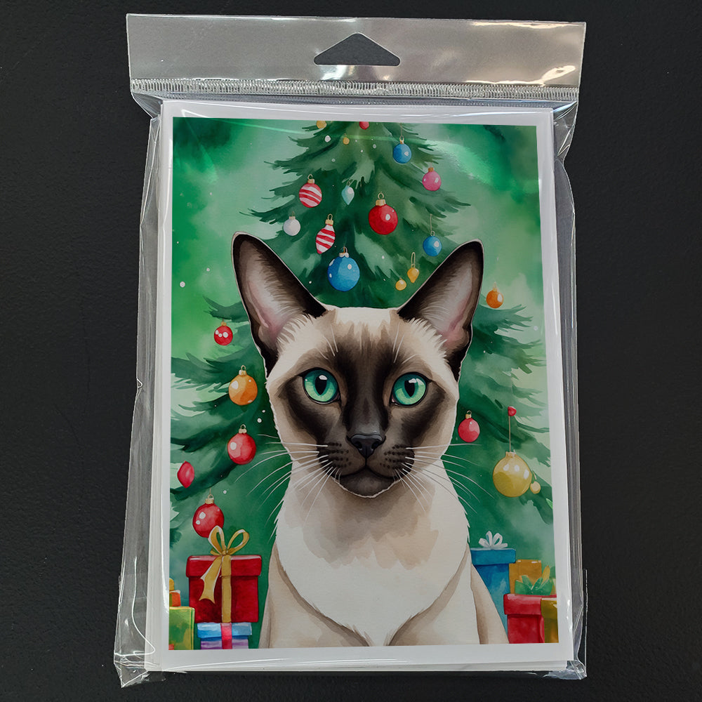 Colorpoint Shorthair Cat By the Christmas Tree Greeting Cards Pack of 8