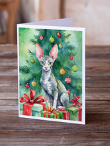 Cornish Rex Cat By the Christmas Tree Greeting Cards Pack of 8