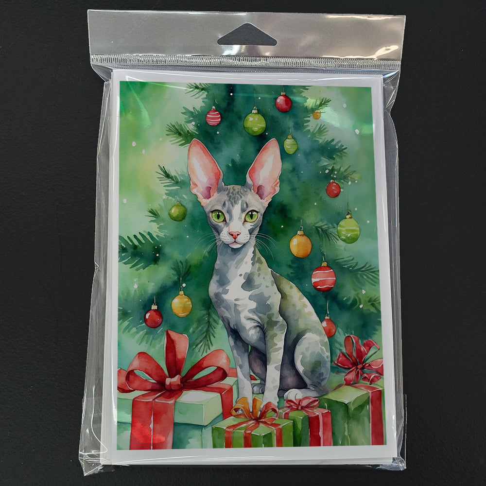 Cornish Rex Cat By the Christmas Tree Greeting Cards Pack of 8