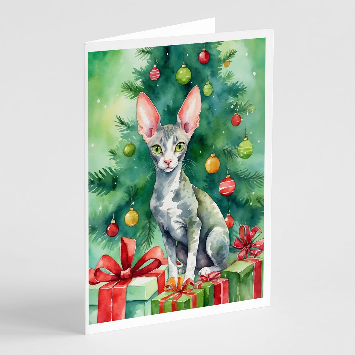 Cornish Rex Cat By the Christmas Tree Greeting Cards Pack of 8