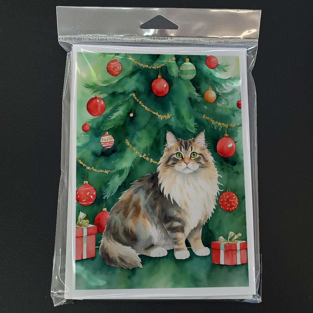 Cymric Cat By the Christmas Tree Greeting Cards Pack of 8