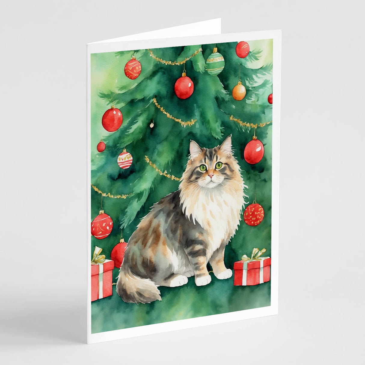 Cymric Cat By the Christmas Tree Greeting Cards Pack of 8