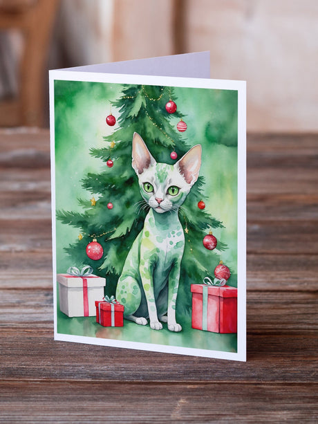 Devon Rex Cat By the Christmas Tree Greeting Cards Pack of 8