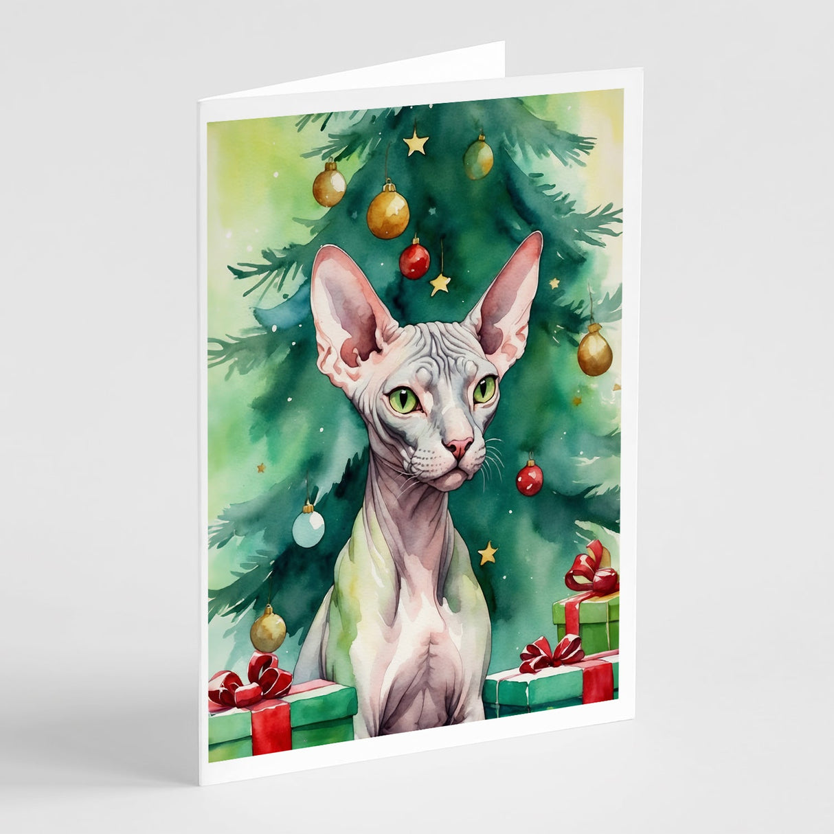 Donskoy Don Sphynx Cat By the Christmas Tree Greeting Cards Pack of 8